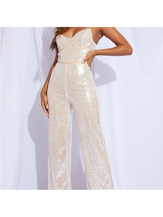 PrettyLittleThing Pants - Pretty Little Thing Women’s Sequin Jumpsuit Strappy Binding US 8 Champagne Zip
